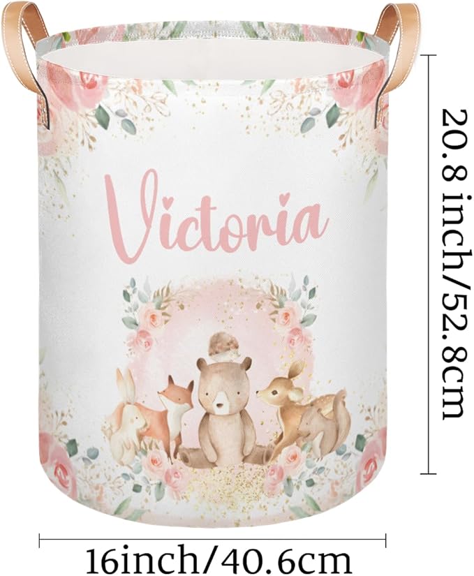 Personalized Laundry Basket, Custom Gift Laundry Hamper, Collapsible Nursery Waterproof Laundry Baskets, Dirty Clothes Toy Hamper with Handles Pink Floral Woodland Animals