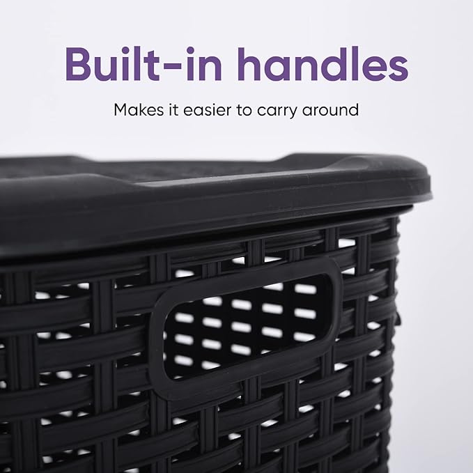 Plastic Corner Laundry Hamper with Lid, Curved Designed Laundry Basket, 2 Pack Triangle Black Cloths Hamper Organizer with Cut-out Handles for Laundry Room Bedroom Bathroom, Wicker Design, 50 Liter