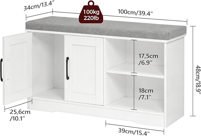 Storage Bench, 39.4" Wide Shoe Bench with Padded Seat Cushion, Entryway Bench with 2 Doors and Adjustable Shelf, End of Bed Bench, for Hallway, Bedroom, White and Gray BSWT1201