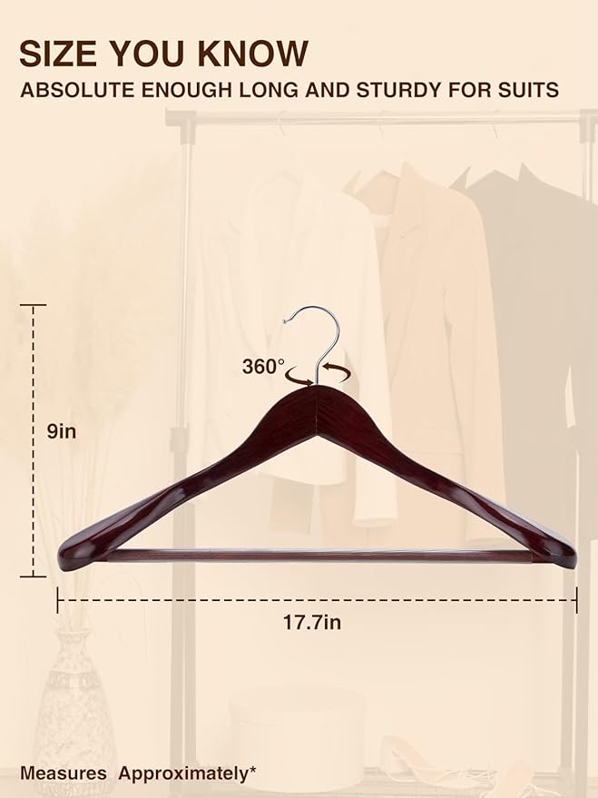 SMARTOR Suit Hangers for Men 8 Pack, Wide Shoulder Wooden Suit Hangers with Non Slip Pant Holder, Wide Hanger for Suit, Coat, Jacket, Gown, Heavy Duty Wood Suit Hanger, Cherry