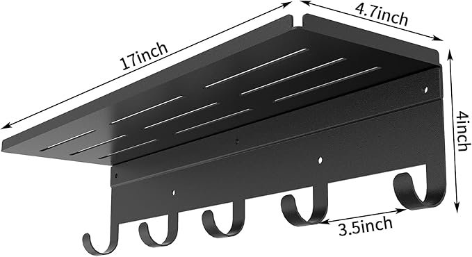 Wall Shelf with Hooks, Metal Coat Rack Wall Mounted with 5 Hooks, 17 Inch Clothes Hooks Entryway Coat Hangers Storage Clothes, Bags, Purse, Keys for Living Room, Bedroom, Black