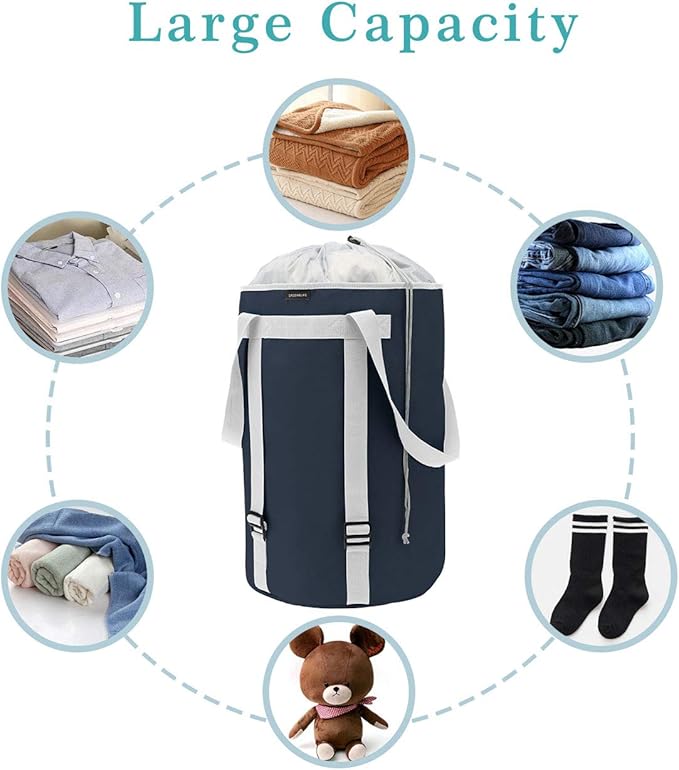 Laundry Basket Laundry Hamper Dirty Clothes Hamper Collapsible Foldable Laundry Bin Bag Backpack with Handles and Lid Large Tall Water-Proof Polyester Sturdy Durable Dark Blue
