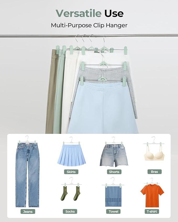 Skirt & Pant Hangers with Clips for Women - 30 Pack Space Saving Stackable Cute Skirt Hangers with Clips - Non-Slip, Adjustable for Kid, Men, Children, Baby, Green