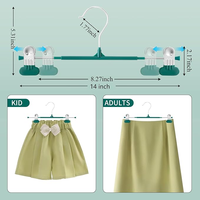 14Inch Clothes Pants Hangers with Wide Clips 20 Pack,Non-Slip Adjustable Skirt Hanger for Women,Space-Saving Heavy Duty Men Hangers for Pants,Trousers,Jeans,Shorts,Green