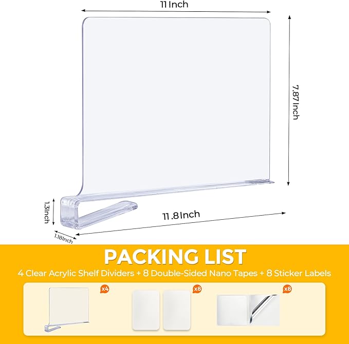 JOY DECOR 12 Pack Acrylic Clear Shelf Dividers for Closets Organizer and Storage Adjustable Vertical Wood Shelf Closet Separators for Clothes,Book,Bags in Bedroom and Kitchen