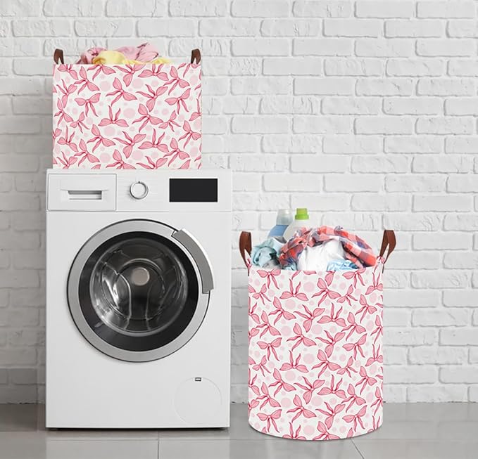 Laundry Hamper,Laundry Basket,Baby Nursery Hamper,Waterproof Storage Bin,Clothes Organizer Basket,Room Decor(Pink Bowknot)