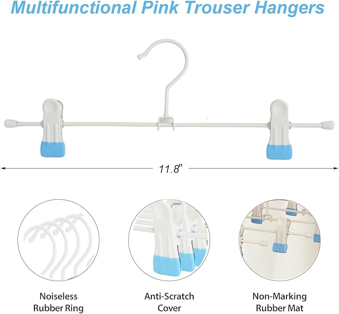Metal Wire Clips Pants Baby Children Bottom Trouser Clothes Hangers, 20 Pack Baby Toddler Infant Newborn Kids Heavy Duty with Adjustable Clips, 11.8" Space Saving for Legging Garment Jeans (Blue)