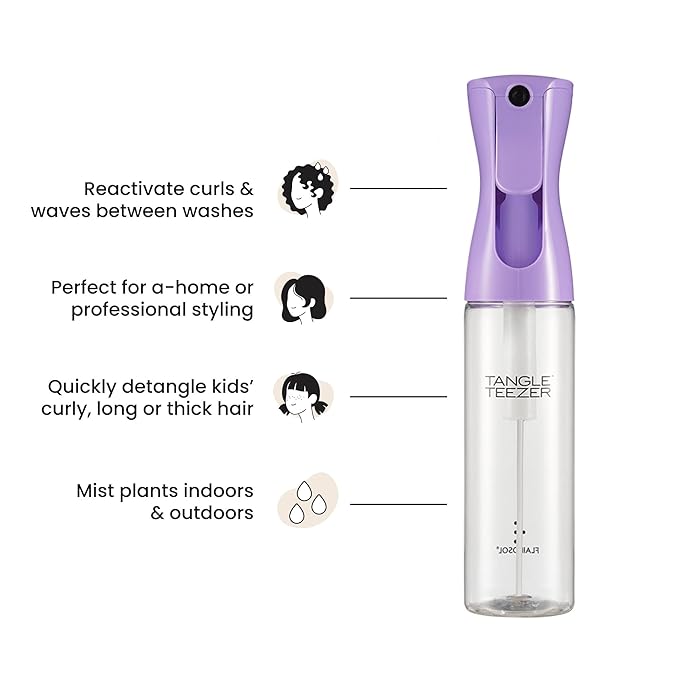 TANGLE TEEZER Fine Mist Continuous Spray Bottle, Reusable and Refillable, for Hair Detangling and Styling, 10.1 oz, Lilac