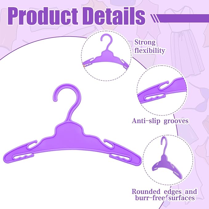 Soulchen 100 Pcs Doll Clothes Hangers for 18 Inch Dolls, Plastic Clothes Hangers with Non-Slip Clips, Space-Saving Wardrobe Accessories for Gown Dress Outfit (Purple)