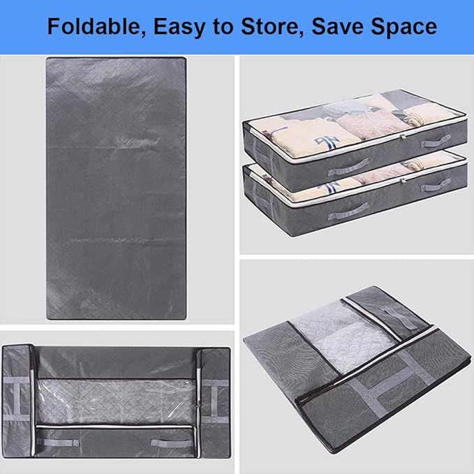 Under Bed Storage Containers, 4-Pack Large Capacity Underbed Storage Bags Organizer, Thick Fabric Storage Bins with Clear Window and Handles for Blanket, Comforter, Bedding, Clothes, Gray