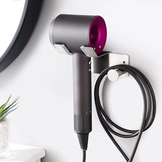 Hair Dryer Holder, Dyson Hair Dryer Holder, Blow Dryer Holder with Cord Hook SUS304 Stainless Steel Wall Mount, Self Adhesive/Screw Space Saving Hairdryer Holder for Bathroom Silver