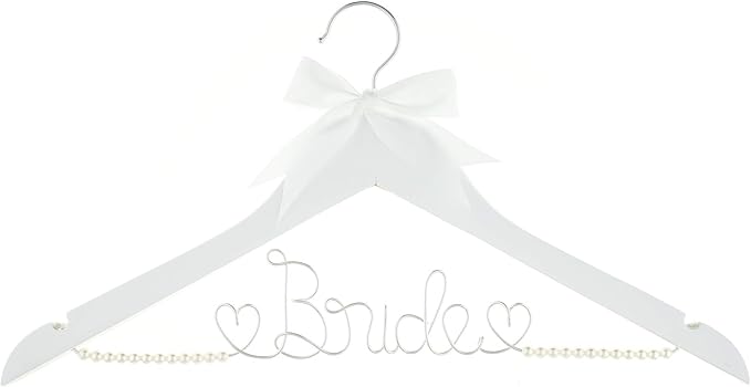 Bride to Be Wedding Dress Hanger Wooden and Wire Hangers for Brides Gowns, Dresses (White with Silver Wire and Strand Pearls)