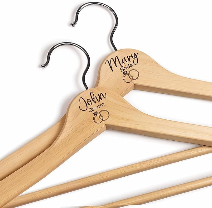 Personalized Custom Bridesmaid Hangers - Engraved Wood Wedding Dress Hangers with Name & Date - 2 Pack
