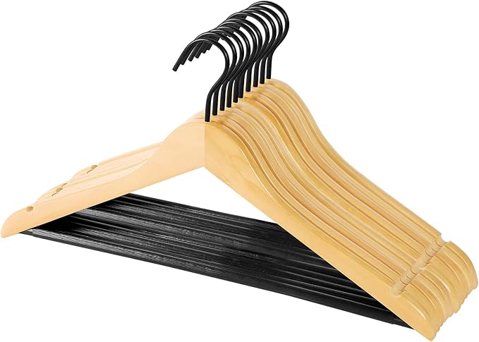 Premium Quality Solid Wood Clothes Hangers for Suits and Coats, Smooth Finishes, Non-Slip Pants Bar, 360° Swivel Soft Coated Hooks. Pack of 20(Clear Natural)