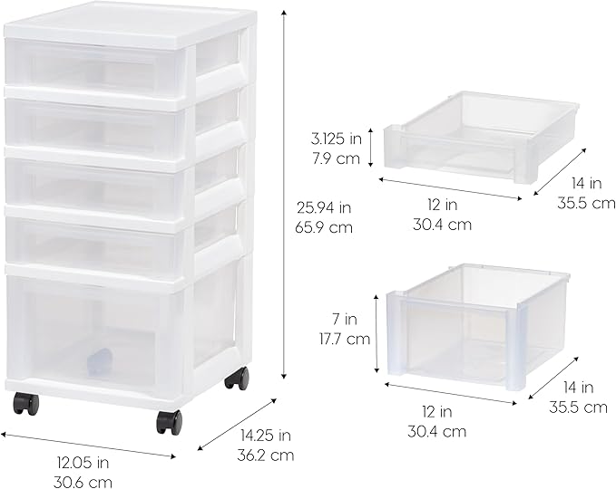 IRIS USA Plastic Drawer Storage Organizer Rolling Cart, with Wheels Casters, 5-Drawers, for Classroom Art Craft Supplies Dresser Closet Bathroom Laundry Room, Flat Smooth Top, White/Clear