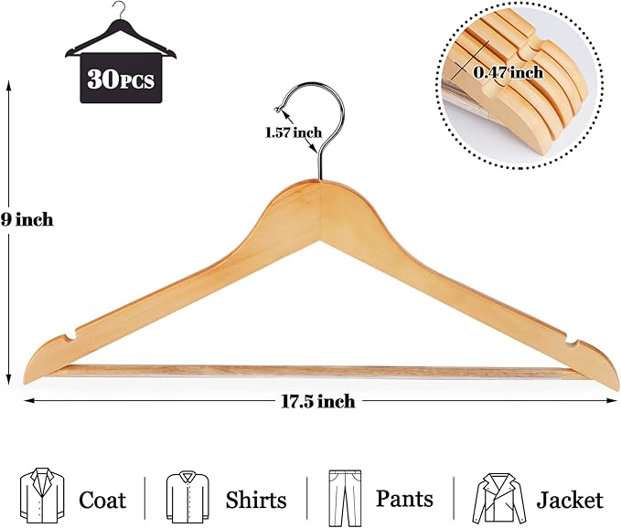 HOUÍSM Wooden Hangers 30 Pack, Solid Wooden Suit Hangers Coat Hangers with Non-Slip Pants Bar, 360° Swivel Hook & Notches, Smooth Finish, Heavy Duty Clothes Hangers for Coats, Suits, Pants and Jackets