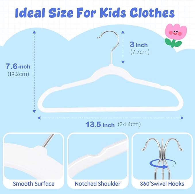HOUSE DAY 13.5 Inch Kids Hangers 50 Pack - Premium ABS Plastic Clothes Hangers for Kids, Children, Preteens - Space Saving Thin Profile, Strong & Durable Hangers with 360° Swivel Hook - White