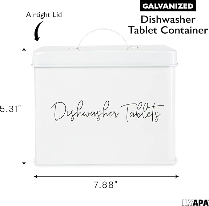 Ilyapa Dishwasher Pod Tablet Holder - Galvanized White Powder Coated Farmhouse Kitchen Storage Container, Farmhouse Durable Detergent Containers