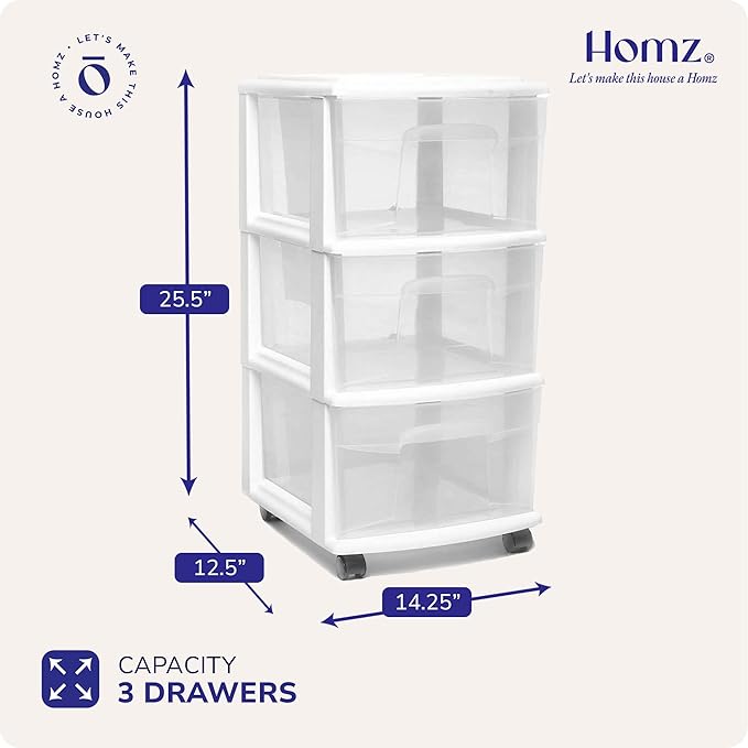 HOMZ Drawer Tower, 3-Tier Rolling Storage Cart with Removable Wheels, White Frame – Plastic Organizer with Clear Bin Drawers for Bedroom, Bathroom, Home Office, and Dorm Room