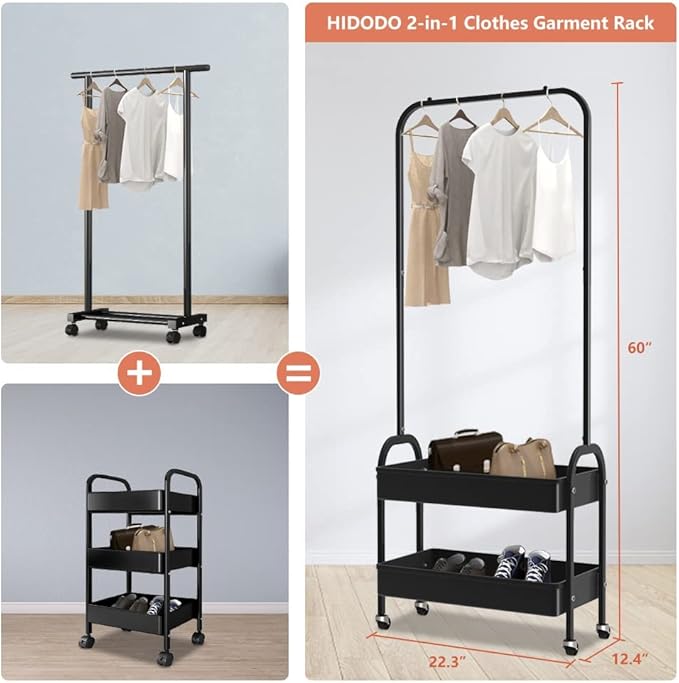 Black Clothing Rack - Portable Garment Organizer with 2 Tier Metal Baskets, Laundry Cart with Hanging Rack, Small Wardrobe on Wheels for Bedroom, Laundry and Entryway