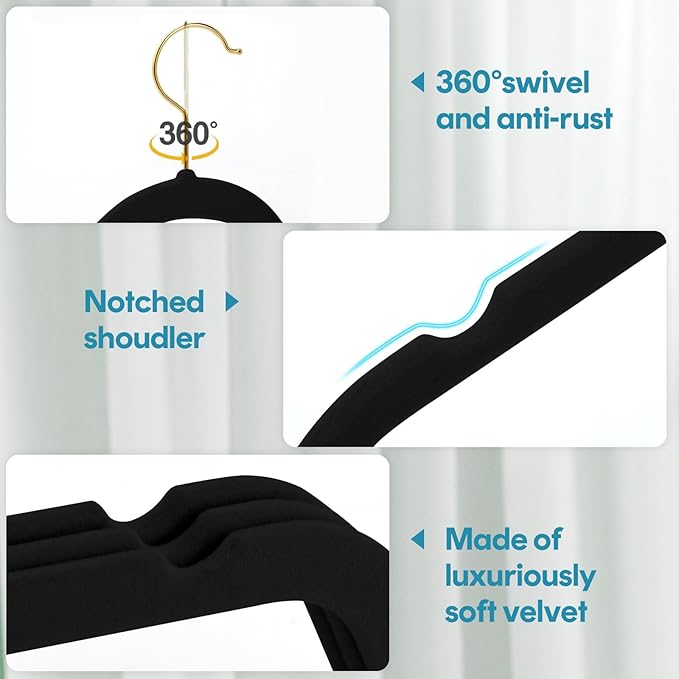 UNEED Black Velvet Hangers with Golden Hooks, 36 Pack - Ultra Thin Space Saving, Non-Slip Clothes Hangers for All Clothing, Dorm & Closet Organization (Heavy Duty, Anti-Scratch)
