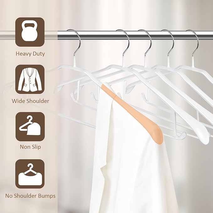 5 Pack Heavy Duty Metal Suit Hangers Soft Flexible Gloss Grippy Clothes Hanger Wide Shoulder Non Slip Thick Coat Hanger (White)