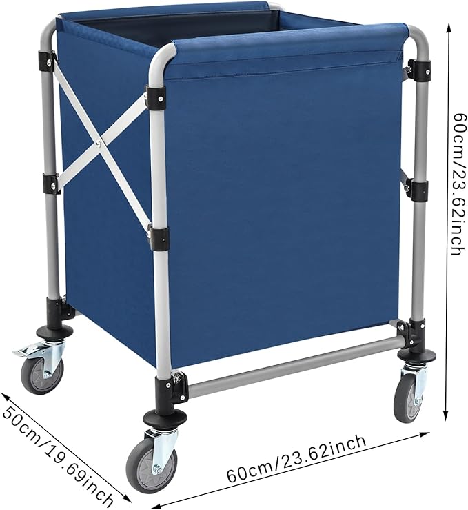 Commercial Laundry Cart, Laundry Basket with 360° Swivel Casters, Folding Laundry Cart Hamper on Wheels Heavy Duty Steel Frame 220 lbs Capacity Large Rolling Laundry Baskets Trucks (Blue)