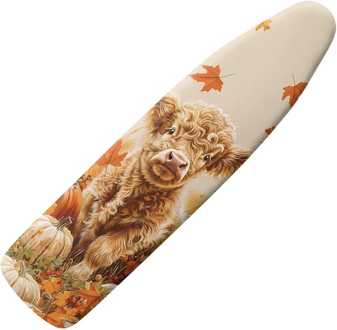 SEANATIVE Thanksgiving Day Ironing Board Cover and Pad 15x54 Inches, Aesthetic Iron Board Covers Washable Cloth Cover for Most Standard Size Board, Pumpkins Highland Cow