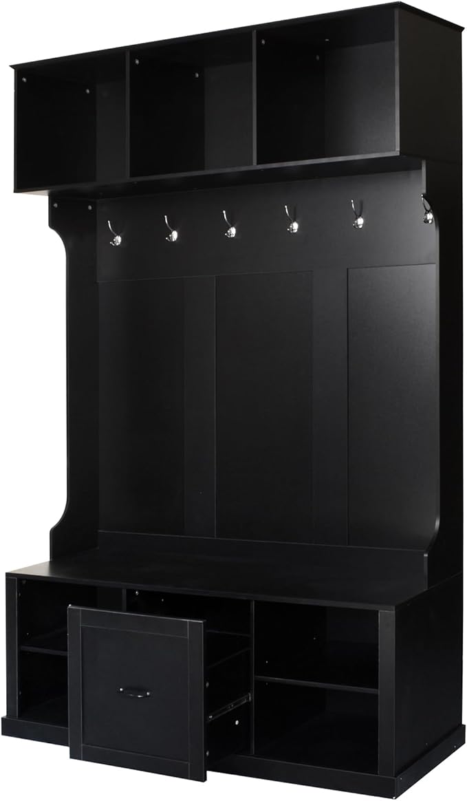 Modern Hall Tree with 6 Hooks, Coat Hanger, Entryway Bench, A Spacious Drawer, Two Adjustable Shelves, 3-in-1 Design Hall Tree for Entrance, Living Room (Black/333)