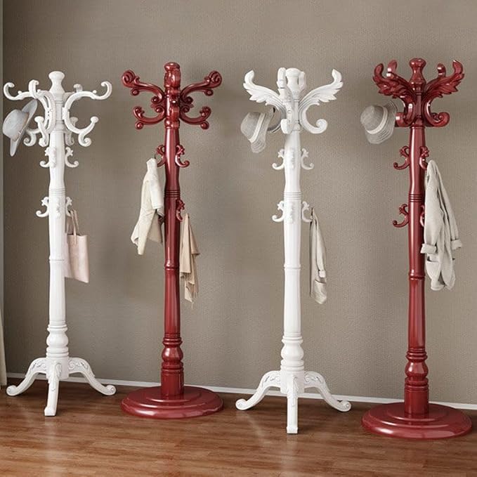 CraftThink Pine Coat Rack, Free Standing Tree Hanger Coat Tree for Clothes, Hats, Bags, Purses, with Double Prong Hooks, for Entryway, Hallway, Bedroom (Tripod Base 16" L x 16" W x 67" H, Red
