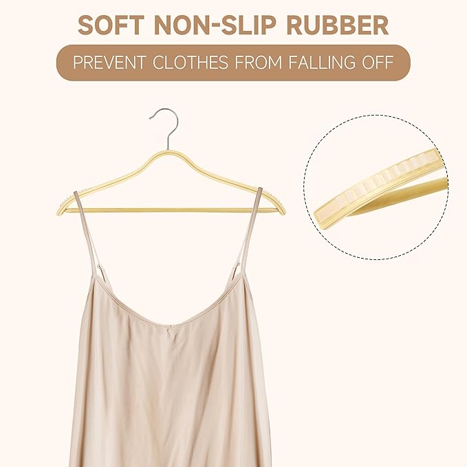 12-Pack Slim Wooden Hangers with Non-Slip Rubber Grips, Birch Plywood Hangers with Wood Pants Bar, Durable Space-Saving, Swivel Hook, No Shoulder Bumps for Shirts, Sweaters, Jackets & Dresses