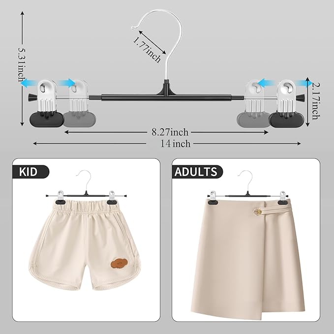 HUADYMEET 10 Pack 14Inch Pants Hangers with Wide Clips,Metal Trouser Hanger for Jeans.Space Saving Skirt Hangers Heavy Duty Non-Slip Adjustable Clothes Shorts Hanger for Women,Men,Black
