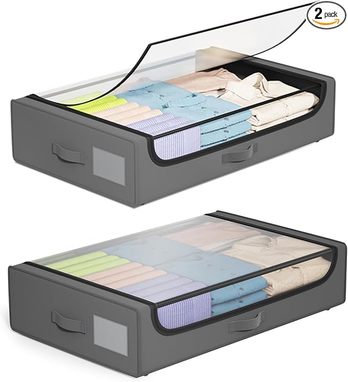 PayLessHere 2 Pack Under Bed Storage with Wheels 53L Under Bed Storage Containers with Clear Lids Clothes Organizer Underbed Rolling Underbed Storage for Clothes, Shoes, Blankets,Grey