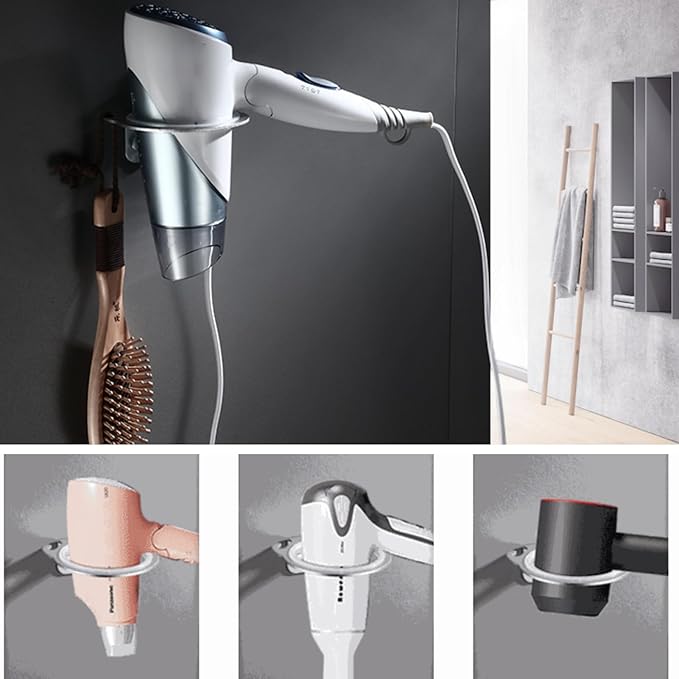 Mumusuki Universal Hair Dryer Holder, Wall Mount Blow Dryer Holder with Cord Storage Space Aluminum Bathroom Hair Tool Organizer for Universal Hairdryer