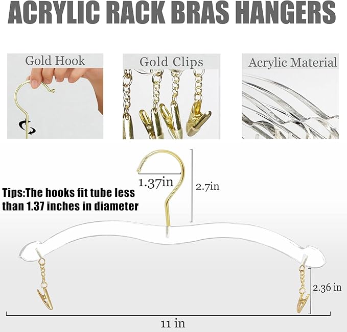 Besser Acrylic Underwear Bikinis Hanger,Acrylic Bralettes Hangers Rack Bras with Gold Hook,Lingerie Bikini Clear Hanger for Bras,Tank Tops 10 Pcs