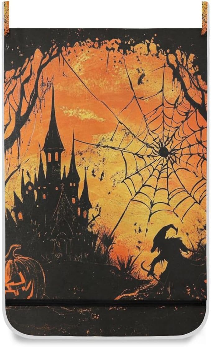 Witch Castle Halloween Door Hanging Laundry Hamper Bag with Free Adjustable Stainless Steel Hooks Dirty Clothes Hamper Extra Large Over the Door Laundry Hamper 29.5X20inch 2Pack