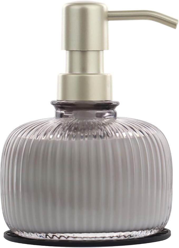 12 OZ Soap Dispensers with Silicone Mat, for Kitchen and Bathroom Contertop Wash Hand Liquid, Dish Detergent, Farmhouse Style Shampoo Lotion Pump (1, Grey Glass with Champagne, 4" x 4" x 5-1/2")