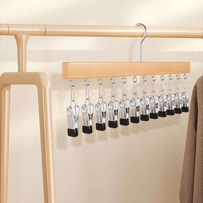Closet Organizer with 10 Clips, 2026 NEW Space Saving Hanging Closet Organizer, Space-Saving Hat Scarf Clothespins for Jeans Skirts Socks Pant Hangers with Clips (2, Black)
