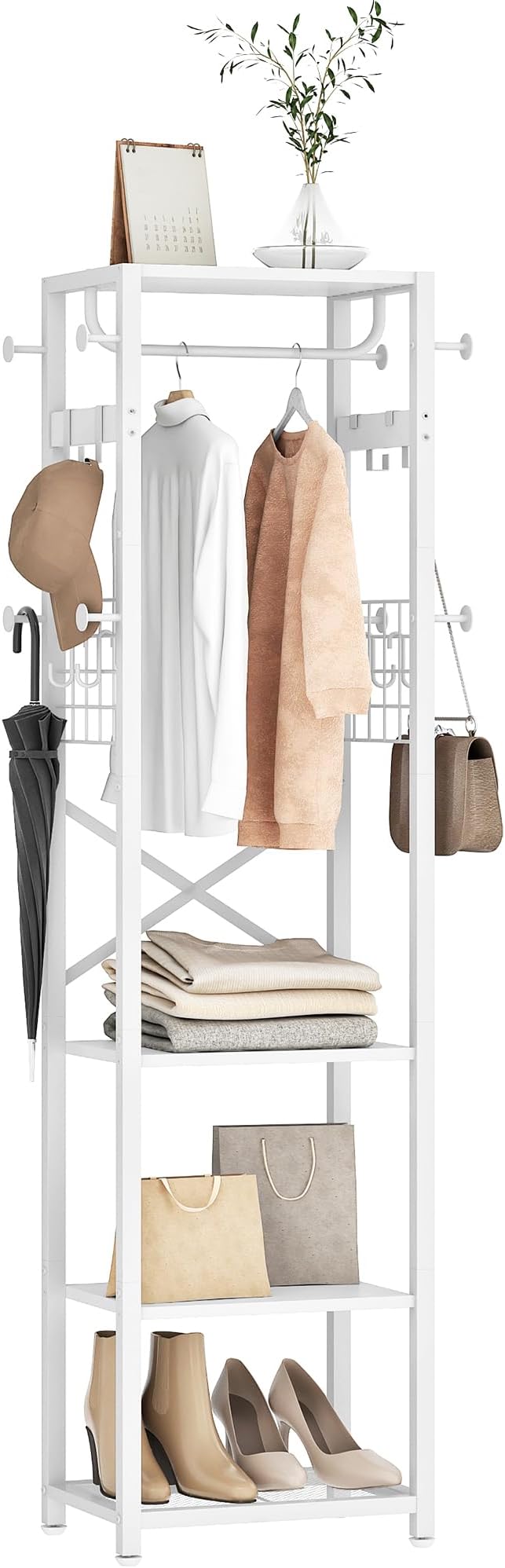 Coat Rack with Shelves, Freestanding Hall Tree, Coat Tree with 16 Hooks and Hanging Rail, Industrial Clothes Stand for Entryway, Hallway, Bedroom, White TYM18WB