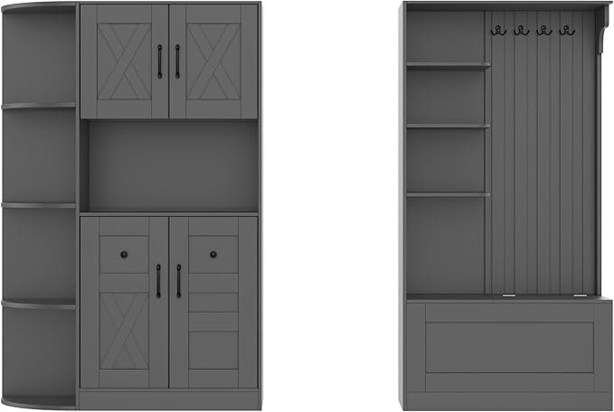66" H Hall Tree with 4 Hooks, Open Shelving and Flip Hidden Shelf, Multifunctional Left-Right Combination Coat Rack (can be Used Separately), Entryway Bench for Living Room, Hallway