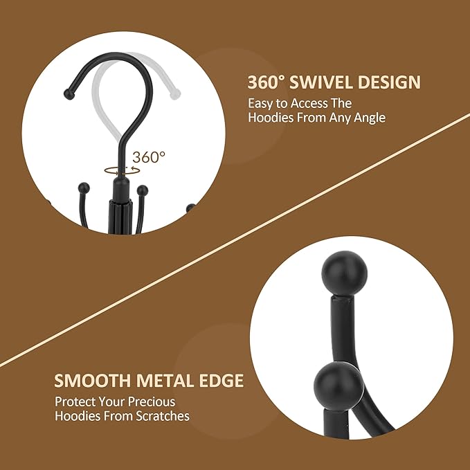ZEDODIER Hoodie Hangers, 2 Pack Rotatable Hoodie Organzier for Closet, Max 16 Storage Capacity Hoodies Holder, Metal Space Saving Closet Organizers and Storage, Black