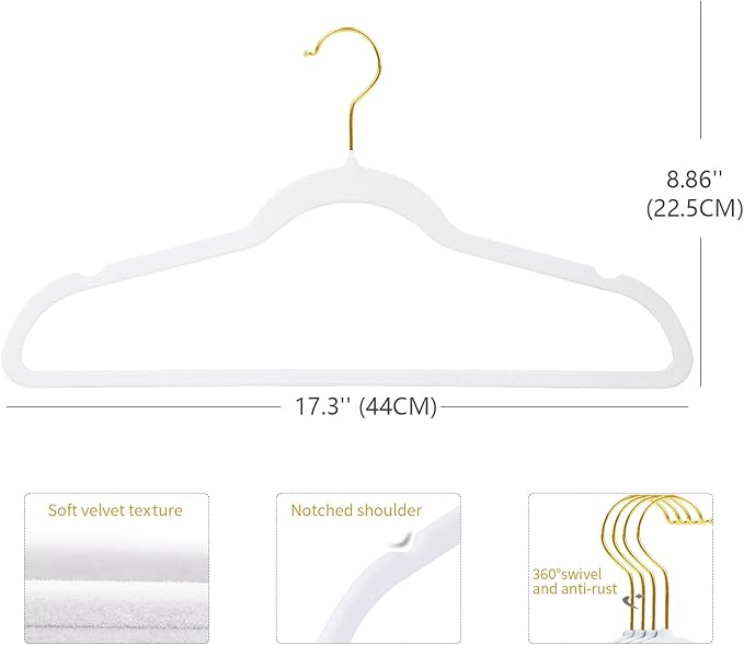 ManGotree Velvet Coat Hangers with 360° Swivel Gold Hook, Non-Slip Felt Suit Hangers, Ultra-Thin Space Saving Clothes Hanger for Jacket, Sweater, Shirt, Dress, Pants (66 Pack, White)