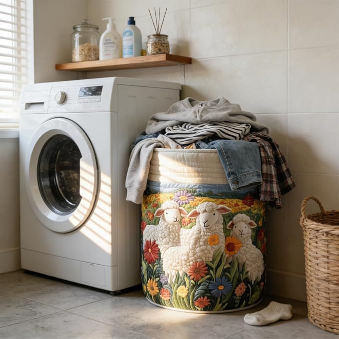Quilted Laundry Basket with Handles, Boho Floral Fabric Storage Hamper, Large Soft Quilted Laundry Basket for Nursery, Bedroom, Laundry Room,Clothes & Toys (Forest Trees Pattern A, M)
