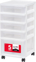 IRIS USA Plastic Drawer Storage Organizer Rolling Cart, with Wheels Casters, 5-Drawers, for Classroom Art Craft Supplies Dresser Closet Bathroom Laundry Room, Flat Smooth Top, White/Clear