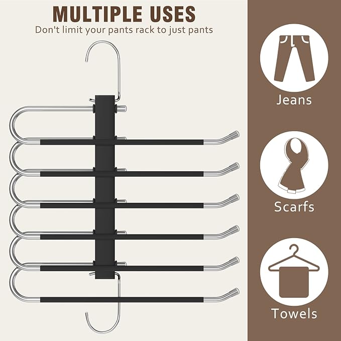 Space Saving 6 Tier Pant Hangers, Anti-Slip, Stainless Steel, 2 Pack, Black