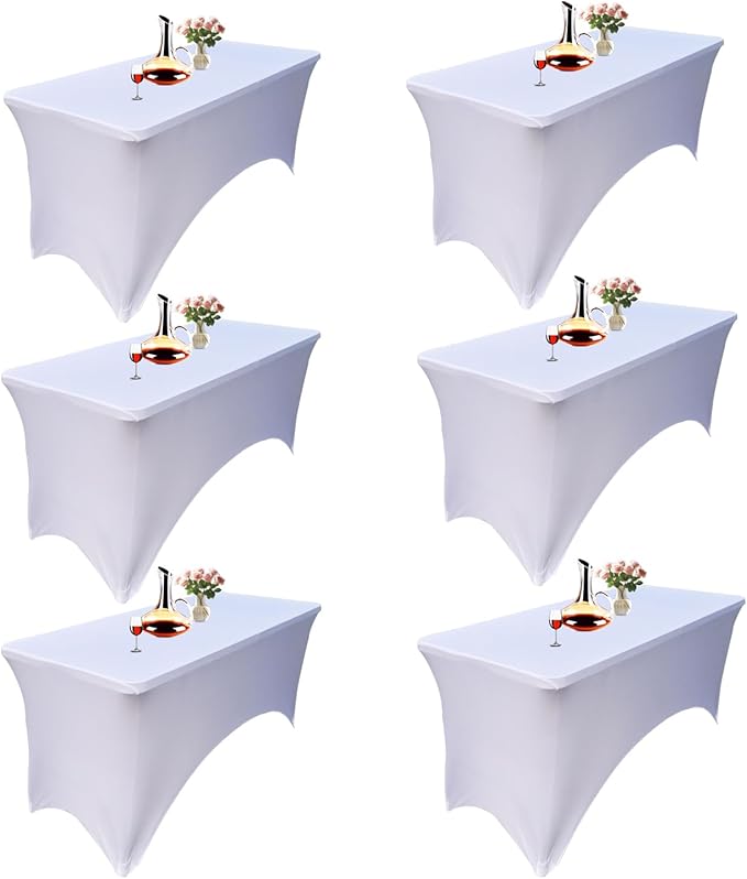 6 Pack - Elegant White Stretch Spandex Table Cover (60Lx28Wx30H Inches), Non-Iron Fitted Tablecloth for 5-Foot Rectangular Folding Tables -Ideal for Banquets, Weddings & Festivals