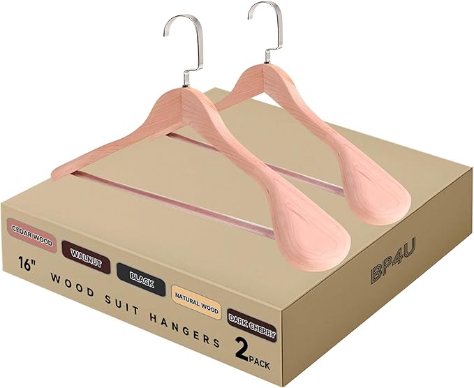 16-Inch Wooden Suit Hangers with Non Slip Pants Bar, 2-Pack Wood Extra-Wide Shoulder Hangers, Flat-Head Hook Hangers for Suits, Coats, Jackets, Shirts, Pants, and Heavy Clothes (Cedar Wood)