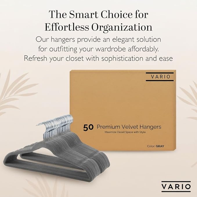50-Pack Velvet Hangers – Heavy Duty, Non-Slip Clothes Hangers with Chrome Hooks | Slim & Space-Saving Design for Coats, Suits & Plus Size Tops (Grey)