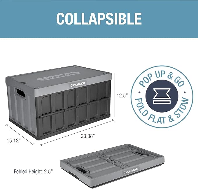 CleverMade Collapsible Storage Bins with Lids - Stone 1 Pack 62L - Plastic Container Stackable Organization Crate for Home - Closet Space-Saving Durable