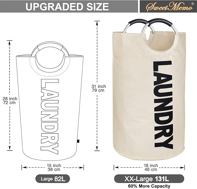 Extra Large Laundry Hamper Bag Collapsible, Tall Laundry Basket with Handles, Portable Dirty Fabric Clothes Hampers for College Dorm, Bedroom, Freestanding, Easy Carry, 130L XXXL White